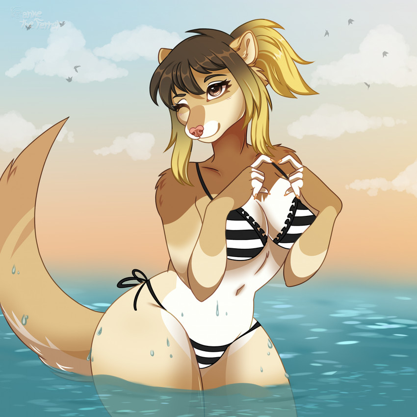 anthro breasts clothed clothing female fur hair looking_at_viewer smile solo tail cankefh velzebart canke domestic_ferret mammal mustelid musteline true_musteline weasel digital_media_(artwork) hi_res