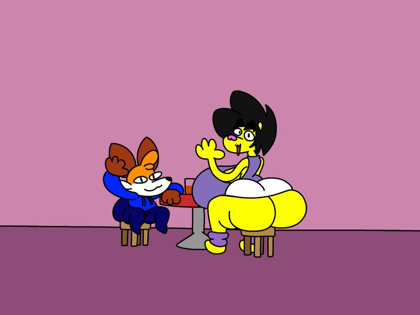 anthro big_breasts big_butt black_hair bottomwear breasts butt chair clothing duo female furniture hair huge_breasts huge_butt jacket male orange_body pants shirt sitting skirt table topwear yellow_body kuge piku_(kuge) soups_(superiorfox) canid canine caviid fox guinea_pig mammal rodent 4:3 hi_res