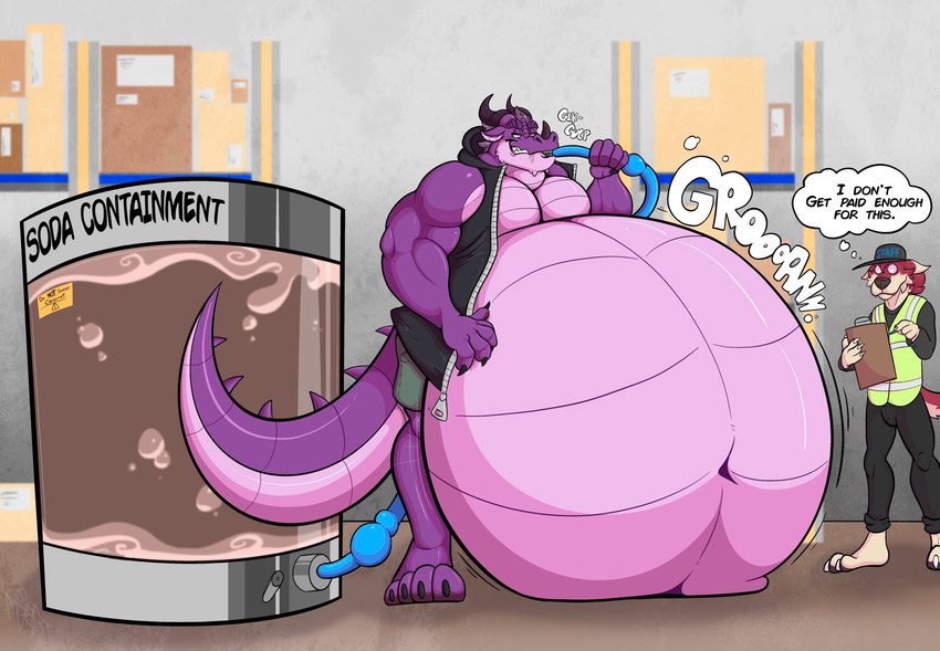 anthro belly belly_expansion belly_inflation beverage big_belly bodily_noises chugging clothing drinking duo expansion hand_on_belly horn hose hose_inflation huge_belly hyper hyper_belly inflation liquid_inflation male muscular muscular_anthro muscular_male navel onomatopoeia overweight overweight_male purple_body rumbling_stomach soda soda_inflation sound_effects tail text warehouse awoogasm mythology grape_derg vox_(awoogasm) canid canine canis dragon mammal mythological_creature mythological_scalie scalie wolf digital_media_(artwork) english_text hi_res