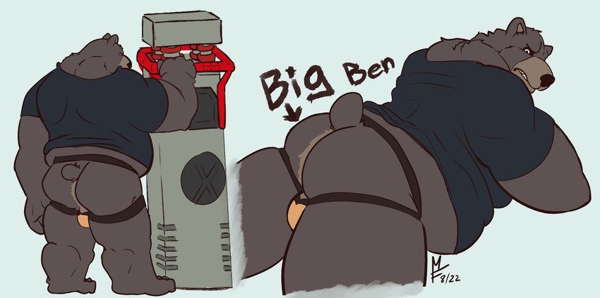 anthro belly big_belly black_body black_nose bulge butt clothing jockstrap male overweight overweight_male shirt solo text topwear underwear weapon matthew-fox mihoyo zenless_zone_zero ben_bigger bear mammal 2022 hi_res