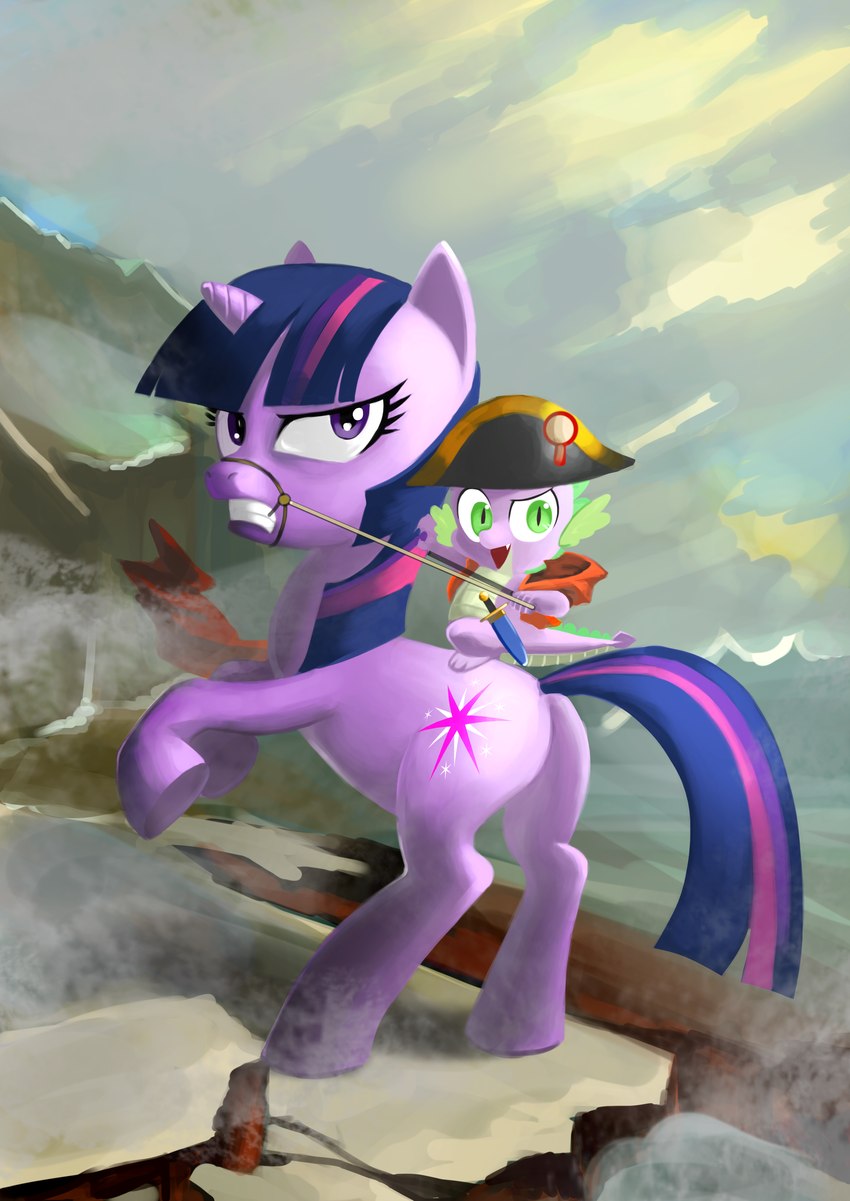 bridle cloak clothing cosplay dagger detailed_background duo female feral hat headgear headwear horn looking_at_viewer male melee_weapon mountain on_hind_legs outside purple_body riding sitting standing weapon gashiboka friendship_is_magic hasbro my_little_pony mythology napoleon_crossing_the_alps napoleon_bonaparte spike_(mlp) twilight_sparkle_(mlp) dragon equid equine mammal mythological_creature mythological_equine mythological_scalie scalie unicorn absurd_res hi_res inspired_by_formal_art