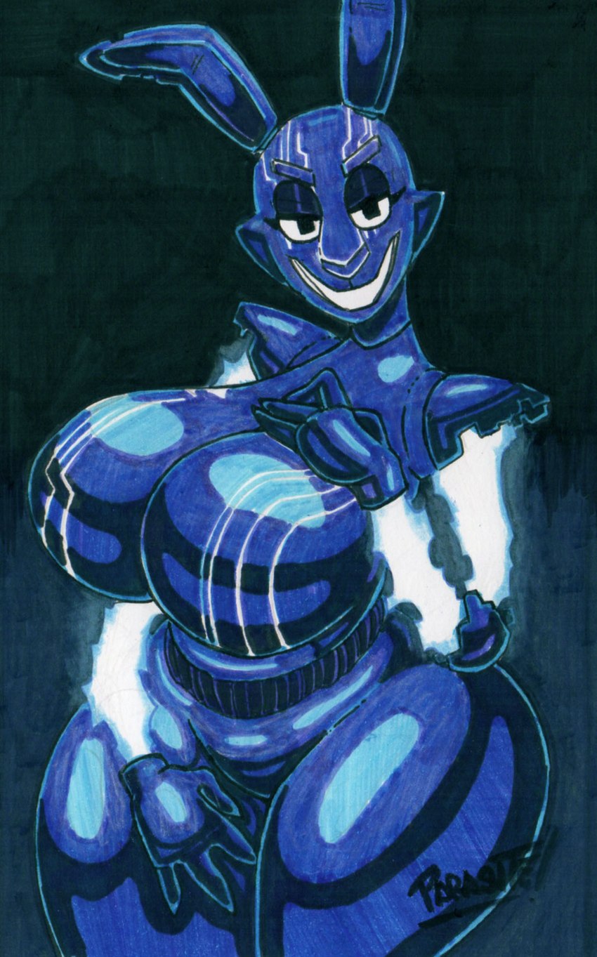 4_fingers anthro bedroom_eyes big_breasts black_eyes blue_body blue_skin breasts crossgender curvy_figure electricity eyelashes featureless_breasts featureless_crotch female fingers hourglass_figure huge_breasts long_ears looking_at_viewer machine narrowed_eyes seductive simple_background smile solo thick_thighs voluptuous wide_hips parasitedeath five_nights_at_freddy's five_nights_at_freddy's:_security_breach five_nights_at_freddy's:_security_breach_ruin scottgames steel_wool_studios mxes_(fnaf) digital_creature lagomorph leporid mammal rabbit robot 2023 artist_name hi_res signature traditional_media_(artwork)