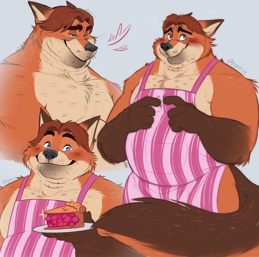 anthro apron belly black_nose blue_eyes blush clothing food heart_symbol male overweight overweight_male pastry pie simple_background smile solo thediyemi disney zootopia gideon_grey canid canine fox mammal red_fox true_fox 2024 hi_res