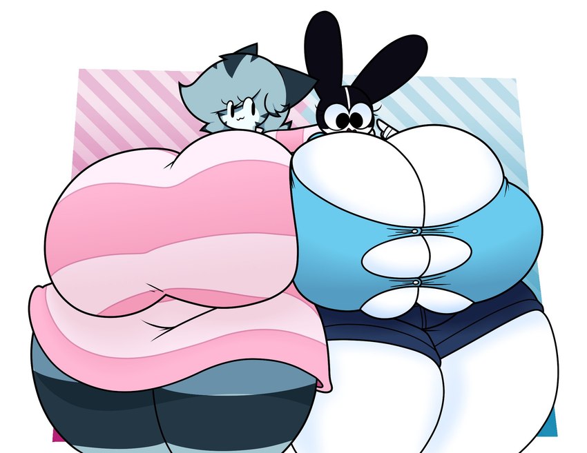 anthro big_breasts black_eyes breasts clothing duo female fur grey_body grey_fur grey_hair hair huge_breasts huge_thighs hyper hyper_breasts hyper_thighs shirt smile standing thick_thighs topwear wardrobe_malfunction white_body white_fur dewbber animal_crossing nintendo dotty_(animal_crossing) lolly_(animal_crossing) domestic_cat felid feline felis lagomorph leporid mammal rabbit hi_res