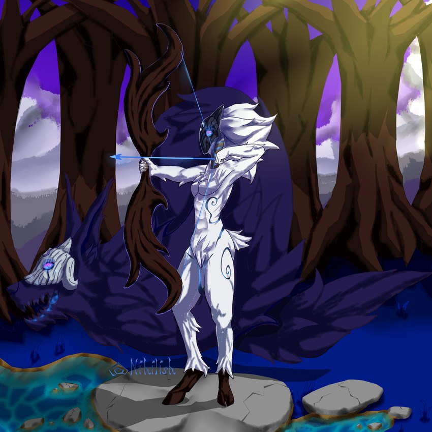 anthro blue_eyes blue_markings bow_(weapon) breasts digitigrade dipstick_ears duo ear_markings featureless_breasts female floppy_ears forest fur glowing glowing_eyes holding_arrow holding_bow_(weapon) holding_object holding_ranged_weapon holding_weapon hooves lop_ears male markings mask multicolored_ears plant purple_body ranged_weapon side_view small_breasts thick_thighs tree weapon white_body white_fur wide_hips nihilishn league_of_legends riot_games tencent kindred_(lol) lamb_(lol) wolf_(lol) bovid canid canine canis caprine mammal sheep spirit wolf absurd_res hi_res