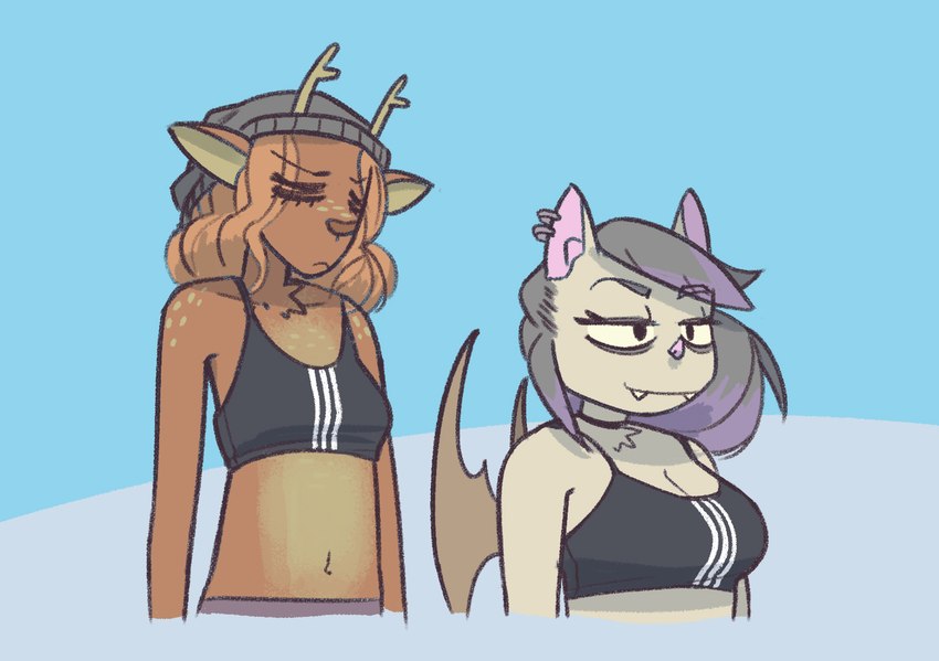 anthro antlers breasts cleavage clothed clothing collar duo ear_piercing fangs female female/female hat headgear headwear horn navel piercing teeth blueregardtwo sports_bra_difference_meme elaine_(blueregardtwo) tasha_(blueregardtwo) bat deer mammal