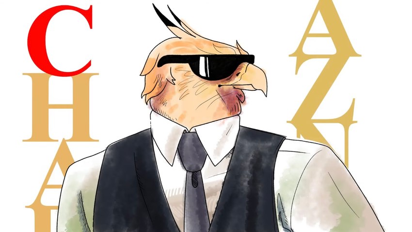 alternate_species ambiguous_gender anthro beak clothed clothing dress_shirt eyewear feathers fully_clothed furrification necktie realistic_anatomy shirt solo sunglasses text topwear vest drawfee julia_lepetit drawfee_(copyright) gundam char_aznable avian bird falcon falconid 16:9 widescreen