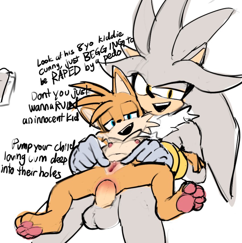 adult_on_child adult_on_young age_difference anal anal_penetration andromorph anthro balls blue_eyes cheek_tuft duo facial_tuft from_behind_position fur genitals grey_body grey_fur hand_on_arm humanoid_genitalia humanoid_penis intersex intersex/male male multicolored_body multicolored_fur nipples nude nude_anthro open_mouth paws pedophilia_temptation penetration penis pussy quills_(anatomy) red_nipples sex simple_background size_difference spread_legs spreading stated_age stated_pedophilia text touching_pussy tuft two_tone_body two_tone_fur white_background white_body white_fur yellow_body yellow_eyes yellow_fur young young_andromorph young_anthro young_intersex anitwenty sega sonic_the_hedgehog_(series) miles_prower silver_the_hedgehog canid canine canis eulipotyphlan fox hedgehog mammal 2025 english_text hi_res male_(lore)
