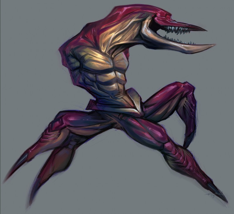 ambiguous_gender claws eyeless feral muscular muscular_ambiguous nightmare_fuel open_mouth pecs raised_leg red_body simple_background smile solo standing teeth text toe_claws notesz oddworld alien humanoid monster scrab_(oddworld) 2019 digital_drawing_(artwork) digital_media_(artwork) english_text