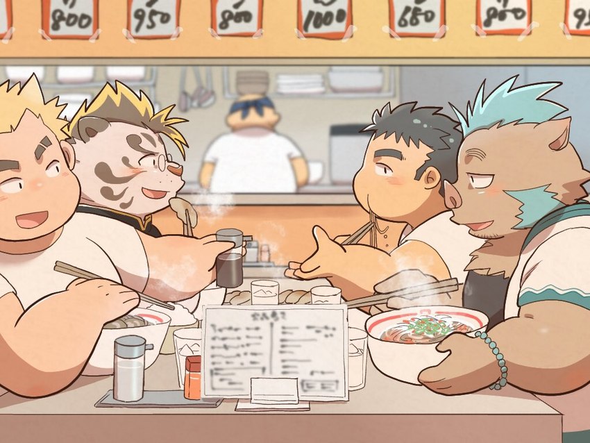 anthro blue_hair blush bowl brown_body brown_fur chopsticks clothing container eating food fur group hair male menu noodles ramen shirt slightly_chubby t-shirt topwear white_body white_fur rorondo4 lifewonders tokyo_afterschool_summoners chubby_protagonist_(tas) ganglie_(tas) licho_(tas) motosumi_(tas) protagonist_(tas) felid human mammal pantherine suid suine sus_(pig) tiger wild_boar 4:3