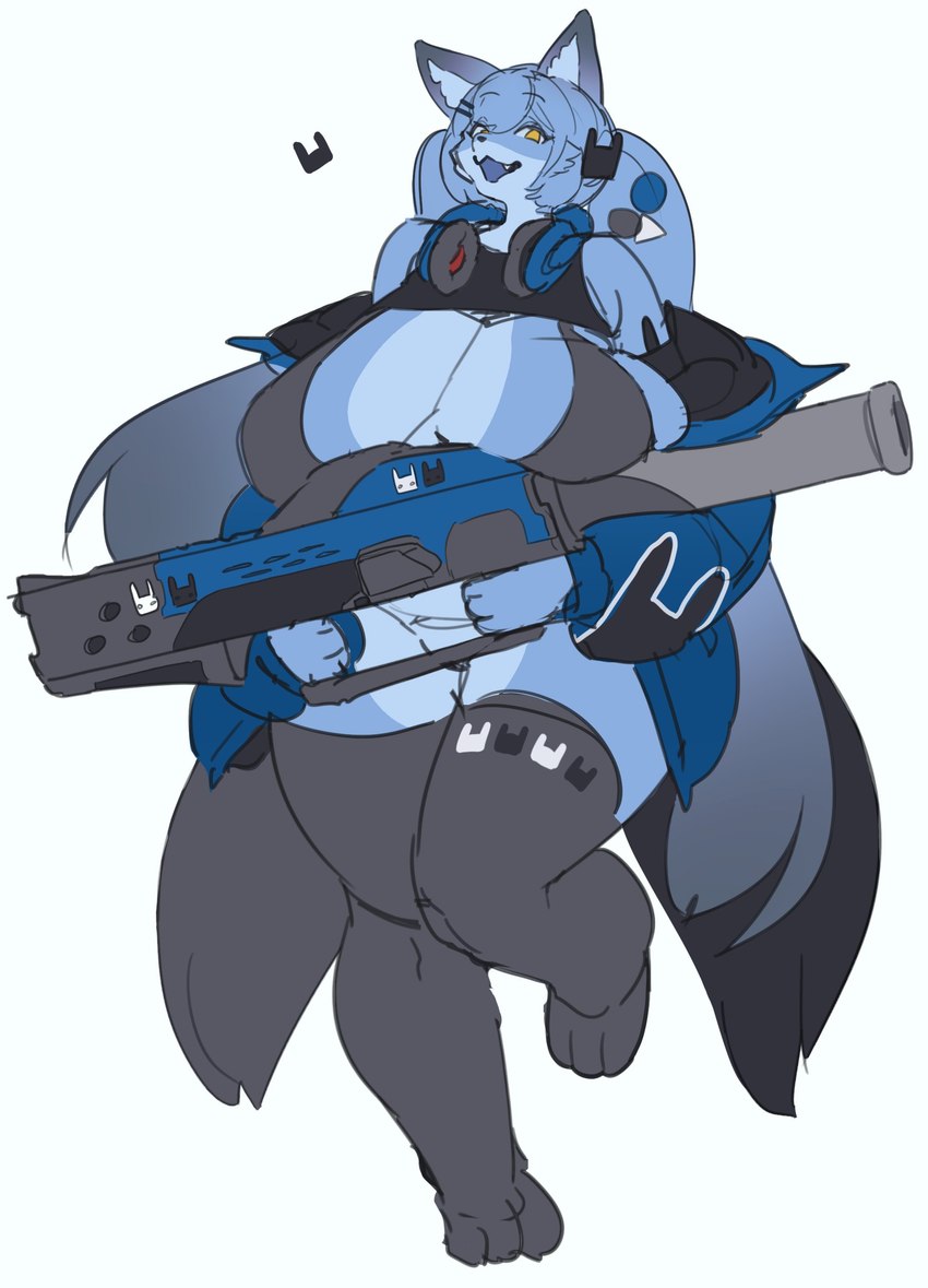 accessory alternate_color alternate_species anthro big_breasts blue_clothing blue_hair breast_rest breasts clothed clothed_anthro clothed_female clothing electronics female female_anthro front_view furrification grey_clothing grey_legwear grey_thigh_highs grey_topwear gun hair hair_accessory headphones headphones_around_neck holding_gun holding_object holding_ranged_weapon holding_weapon huge_breasts legwear ranged_weapon simple_background smile solo tail thick_thighs thigh_highs topwear weapon white_background yellow_eyes gyrbdark destiny_2 two-tailed_fox_(gyrbdark) canid canine mammal 2023 absurd_res digital_drawing_(artwork) digital_media_(artwork) full-length_portrait hi_res portrait