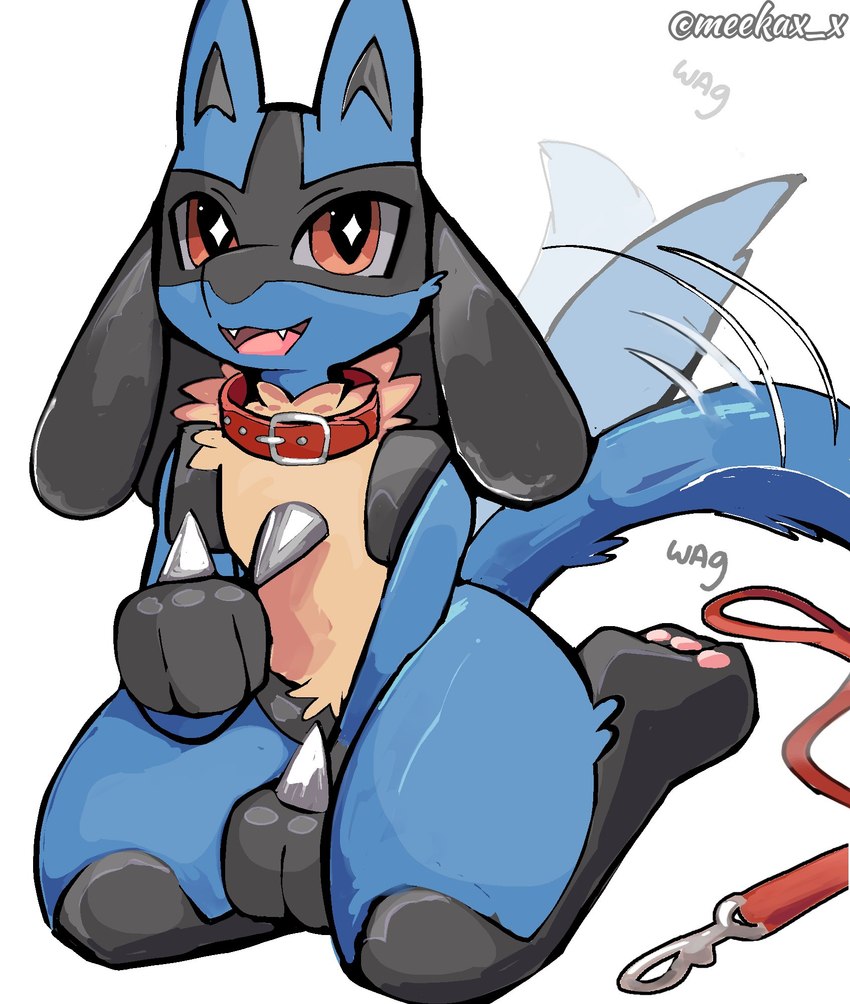 3_fingers 3_toes ambiguous_anthro ambiguous_gender anthro black_body black_fur black_inner_ear black_legs blue_body blue_ears blue_fur blue_tail cheek_tuft chest_spike collar cute_fangs facial_tuft fangs feet fingers front_view fur gloves_(marking) hand_spike happy kneeling leash leg_tuft looking_at_viewer markings motion_lines multicolored_body multicolored_ears multicolored_fur neck_tuft open_mouth pawpads pink_pawpads pink_tongue pupils red_collar red_eyes red_leash simple_background solo sparkles sparkling_eyes spikes spikes_(anatomy) tail tail_motion tail_tuft tailwag teeth thick_thighs thigh_tuft toes tongue tuft white_background yellow_body yellow_fur meekax_x nintendo pokemon generation_4_pokemon lucario pokemon_(species) 2024 artist_name digital_media_(artwork) hi_res