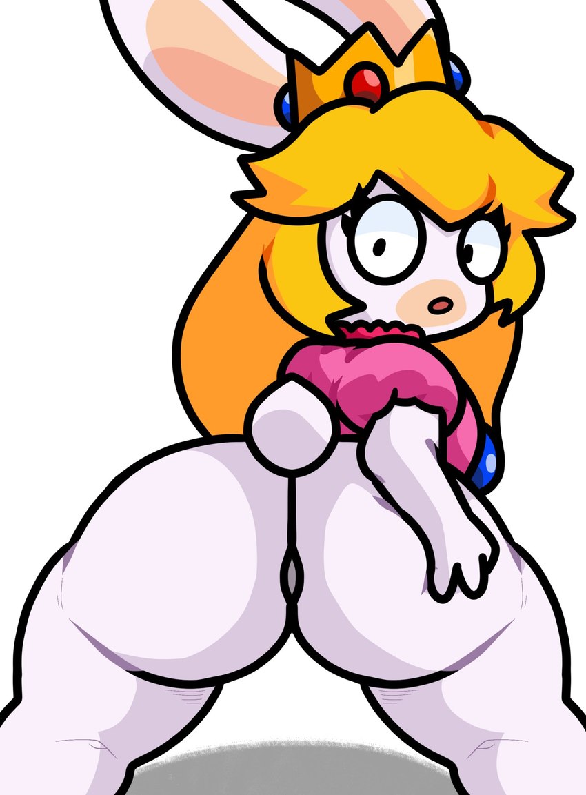 anthro big_butt blonde_hair butt clothing crown dot_eyes dress female hair hand_on_butt headgear looking_at_viewer looking_back open_mouth solo thick_thighs white_body lewdewott mario_bros mario_plus_rabbids_kingdom_battle nintendo raving_rabbids rayman_(series) ubisoft rabbid_peach lagomorph leporid mammal rabbid rabbit crossover hi_res