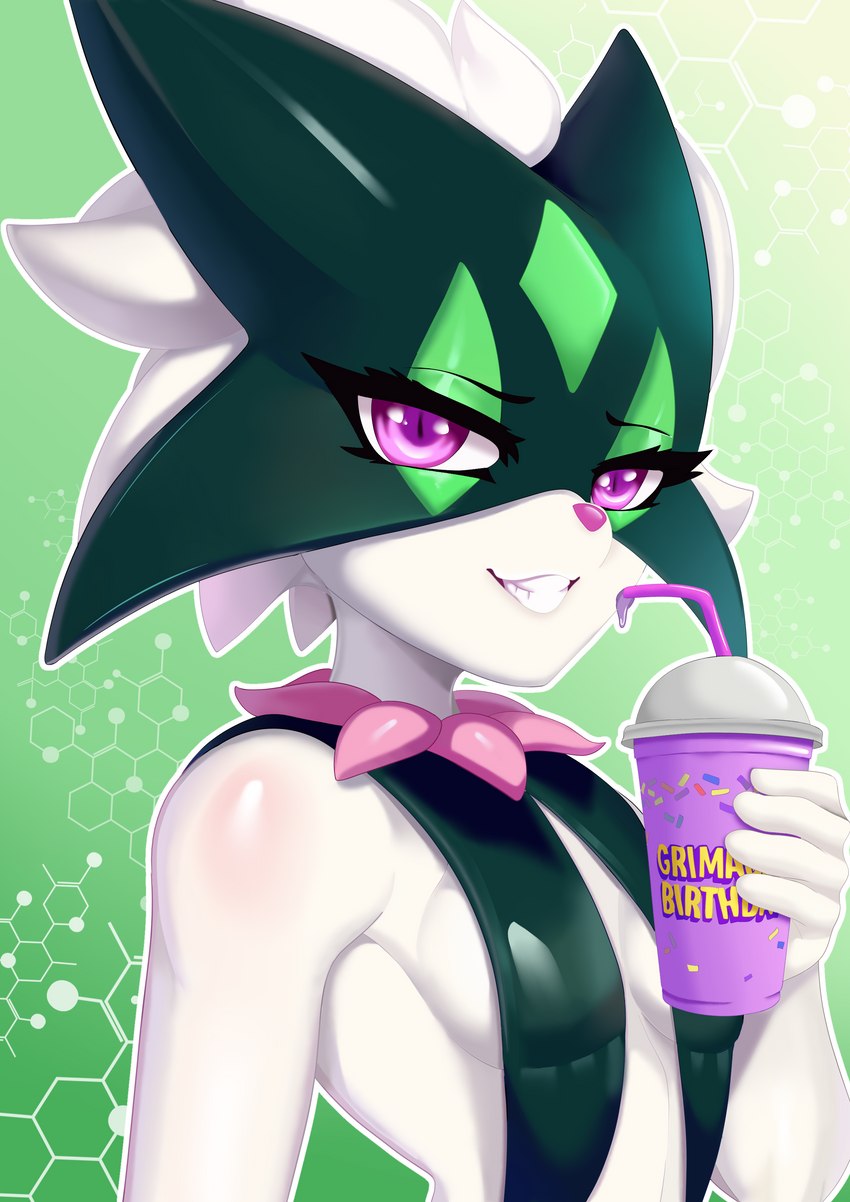 anthro athletic bra breasts clothing female green_background green_bra green_clothing green_mask green_underwear purple_eyes simple_background slim small_breasts smile smirk solo underwear white_body olivialovesfur grimace_shake mcdonald's nintendo pokemon generation_9_pokemon meowscarada pokemon_(species) absurd_res hi_res meme