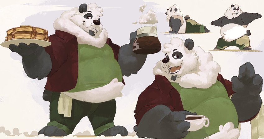 anthro belly beverage big_belly black_nose bottomwear clothing coffee fur humanoid_hands male overweight overweight_male pants shirt solo topwear white_body white_fur yoga bernie_burr breeze_in_the_clouds cumuli_(breeze_in_the_clouds) bear giant_panda mammal 2023 hi_res