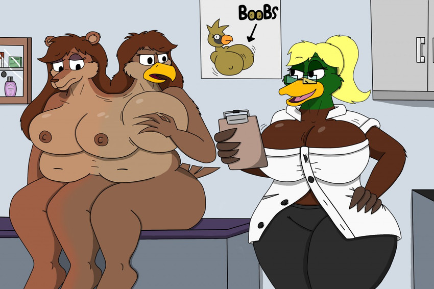 anthro background_text beak blonde_hair breasts brown_nose clipboard confusion conjoined distressed doctor doctor's_coat doctor's_office exam_table examination_table eyewear feathers female fur furniture glasses group hair holding_clipboard holding_object medical_examination merging mismatched_nipples multicolored_nipples nipples non-mammal_nipples on_table orange_beak patient sitting sitting_on_table stuck_together table wide_dicephalous worried pilot129 pilot_(pilot129) theyton_(theyton) accipitrid accipitriform anatid anseriform avian bear bird duck eagle mammal