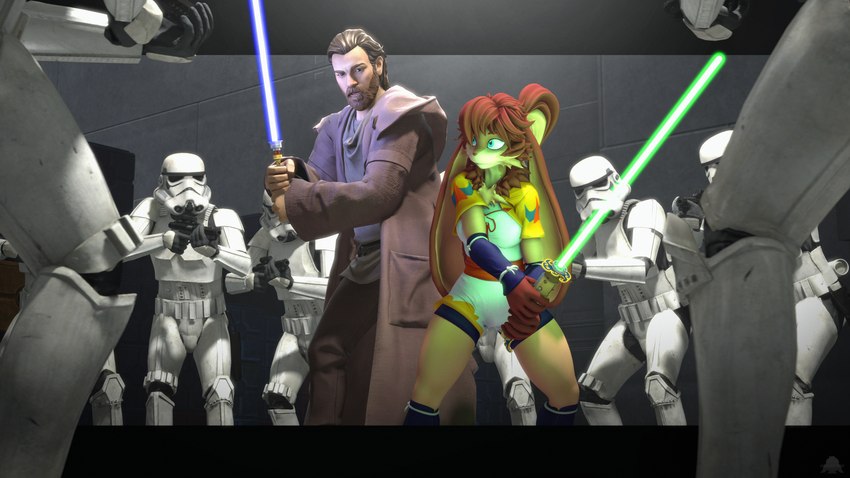 anthro armor beard blaster blue_eyes blue_lightsaber bottomwear breasts brown_body brown_bottomwear brown_clothing brown_fur brown_hair brown_pants clothed clothing facial_hair female fur green_lightsaber grey_clothing grey_shirt grey_topwear group hair jedi jedi_tunic lightsaber long_ears male medium_breasts melee_weapon pants robe shirt standing surrounded topwear weapon white_armor white_bottomwear white_clothing white_topwear conditional_dnp domibun star_wars star_wars_visions warfare_machine lop_(star_wars_visions) obi-wan_kenobi stormtrooper warfare_lop human lagomorph lepi leporid mammal rabbit 16:9 3d_(artwork) 4k absurd_res digital_media_(artwork) hi_res source_filmmaker_(artwork) widescreen