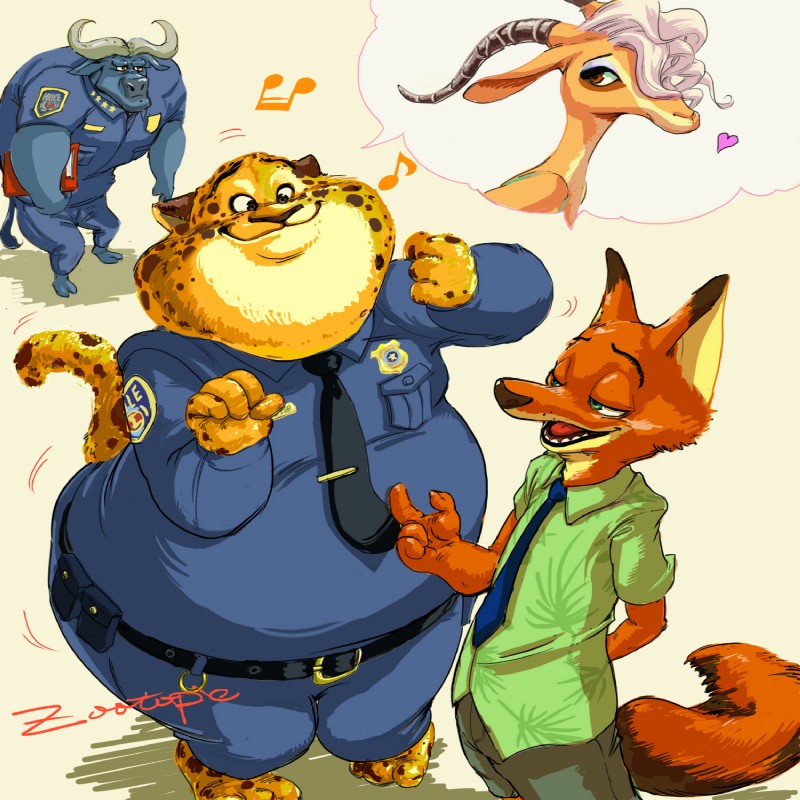 anthro bottomwear clothed clothing fur group heart_symbol horn male overweight overweight_male pants police police_uniform shirt standing topwear uniform gidora_(artist) disney zootopia benjamin_clawhauser chief_bogo gazelle_(zootopia) nick_wilde antelope bovid bovine canid canine cape_buffalo cheetah felid feline fox gazelle mammal red_fox true_fox 1:1 hi_res