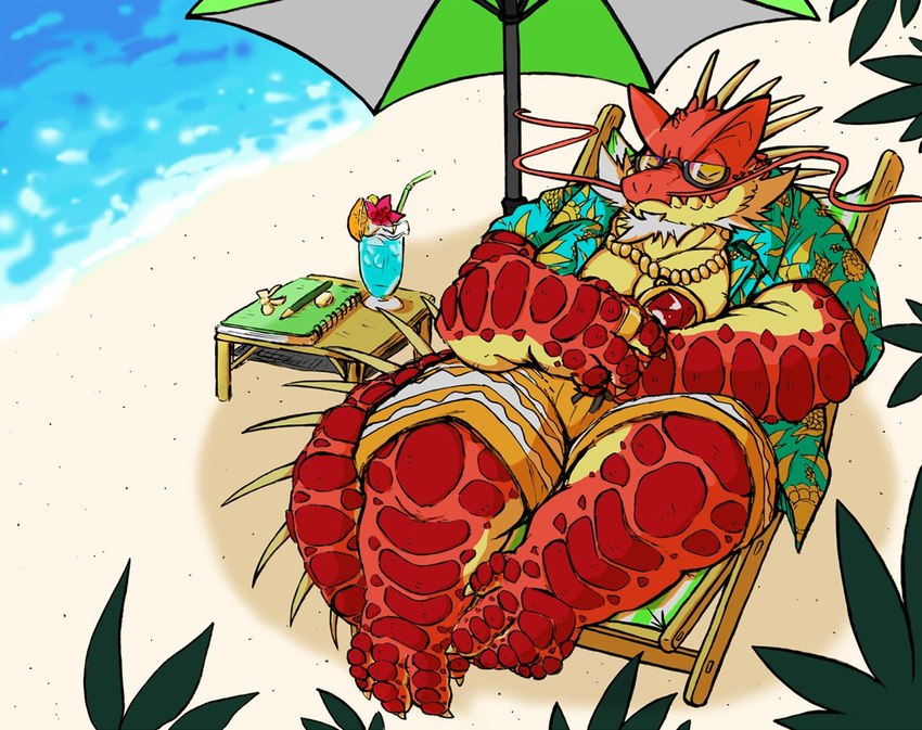 anthro beach beverage bottomwear chair clothed clothing detailed_background eyes_closed eyewear furniture glasses humanoid_hands kemono male open_clothing open_shirt open_topwear overweight overweight_male red_body seaside shirt shorts sitting solo topwear water okudami lifewonders tokyo_afterschool_summoners itzamna_(tas) iguana iguanid lizard reptile scalie 2022