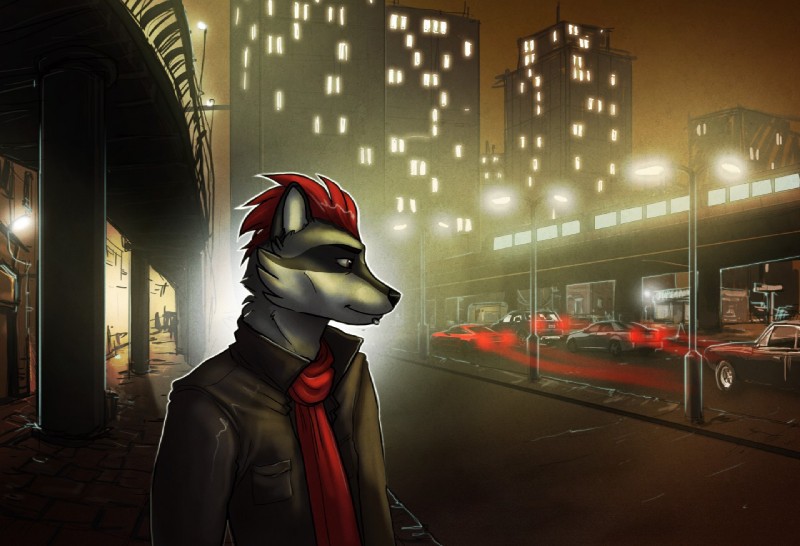 anthro biped black_nose car city clothed clothing detailed_background fur hair jacket night outside red_hair scarf sidewalk solo street topwear vehicle ariadog cadillac ford max_raccoonism mammal procyonid raccoon 2019 digital_media_(artwork)