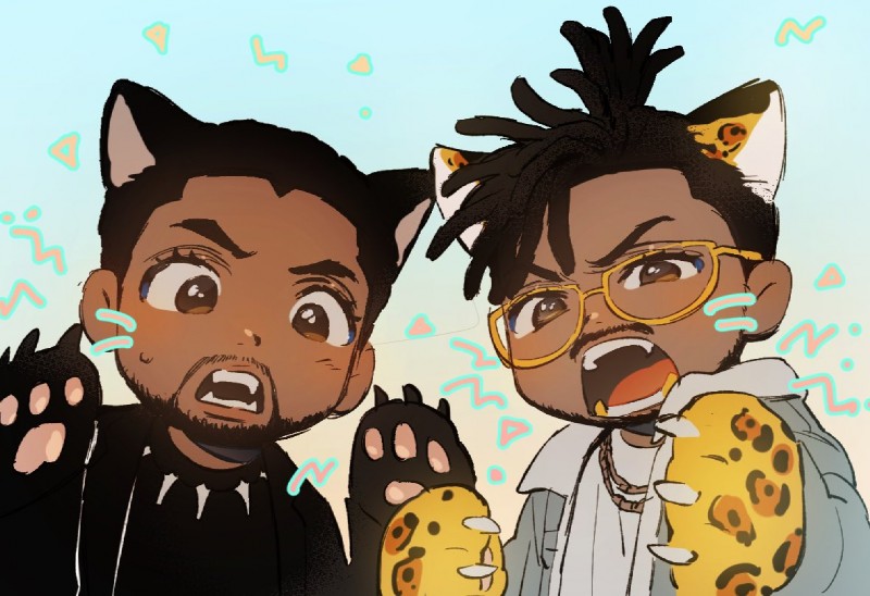 beard black_body black_fur chibi claws dark_body dark_skin duo eyewear facial_hair fangs fur glasses male mustache paws teeth vostjgud black_panther_(marvel) black_panther_(character) erik_killmonger t'challa animal_humanoid cat_humanoid cheetah felid felid_humanoid feline feline_humanoid humanoid mammal mammal_humanoid pantherine