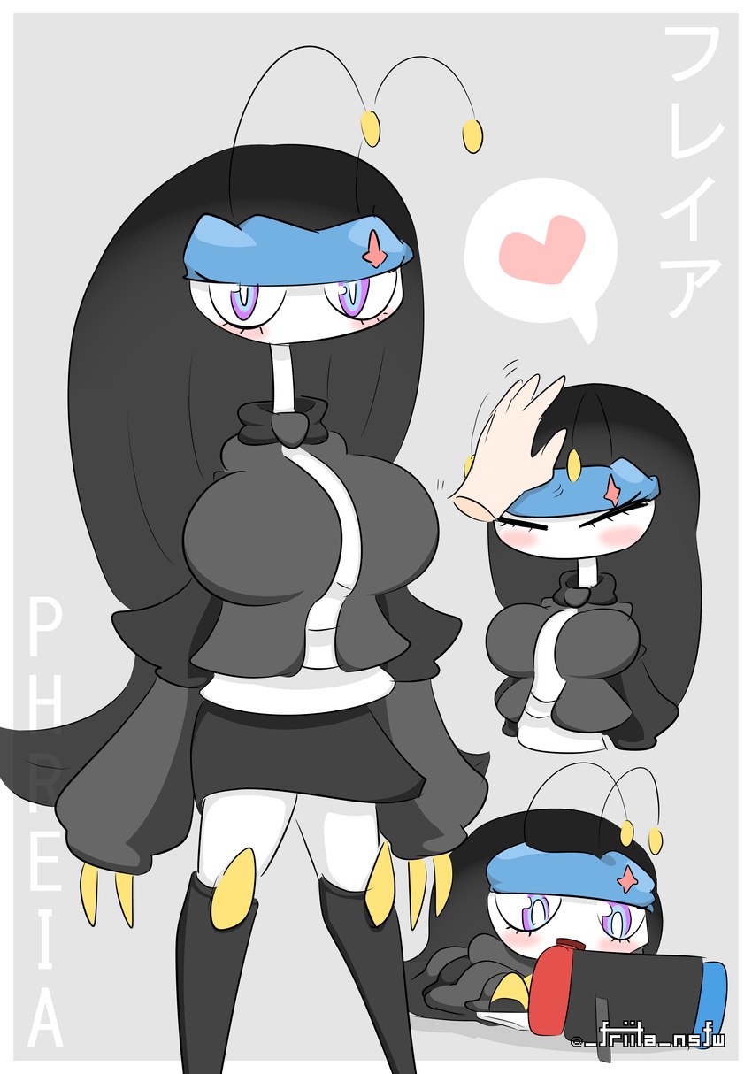 accessory antennae_(anatomy) big_breasts black_hair blush breasts clothing disembodied_hand duo eyes_closed female gaming hair happy headband headpat heart_symbol looking_at_viewer motion_lines multicolored_eyes not_furry purple_eyes smile solo_focus speech_bubble standing two_tone_eyes friita nintendo nintendo_switch pokemon fan_character phreia_(friita) arthropod generation_7_pokemon humanoid pheromosa pokemon_(species) ultra_beast 2022 absurd_res artist_name character_name hi_res signature