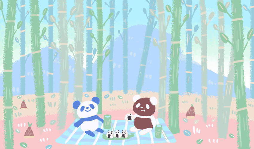 anthro bamboo black_body blue_body chibi detailed_background duo eating food kemono onigiri outside picnic rice sitting slightly_chubby white_body araru bear giant_panda mammal 2021 hi_res