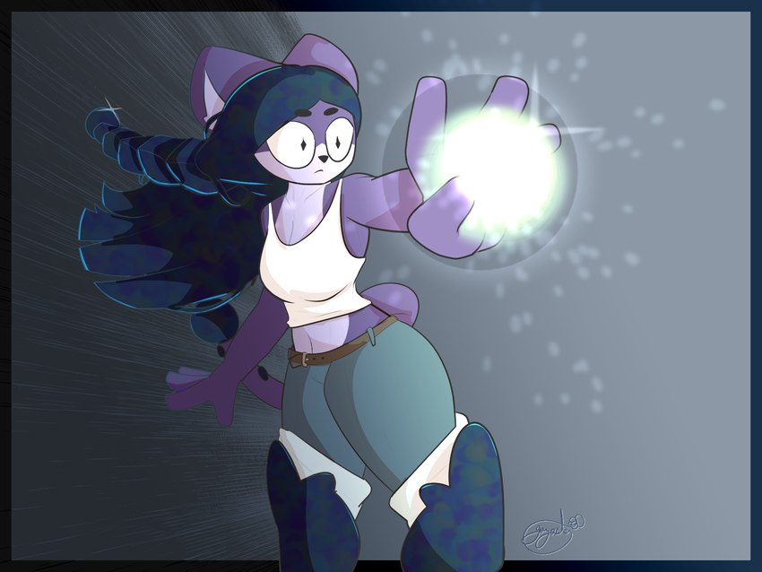 action_pose anthro attack ball_of_light belt bottomwear braided_hair clothing dark_hair denim denim_bottomwear denim_clothing female focused foreshortening gem hair jeans long_hair multicolored_body navel no_irises pants pose purple_body purple_hair rolled_up_pants shirt simple_background solo standing tail tank_top topwear two_tone_body gazaster mars_(gazaster) domestic_cat felid feline felis mammal 2024 4:3 digital_media_(artwork) hi_res signature