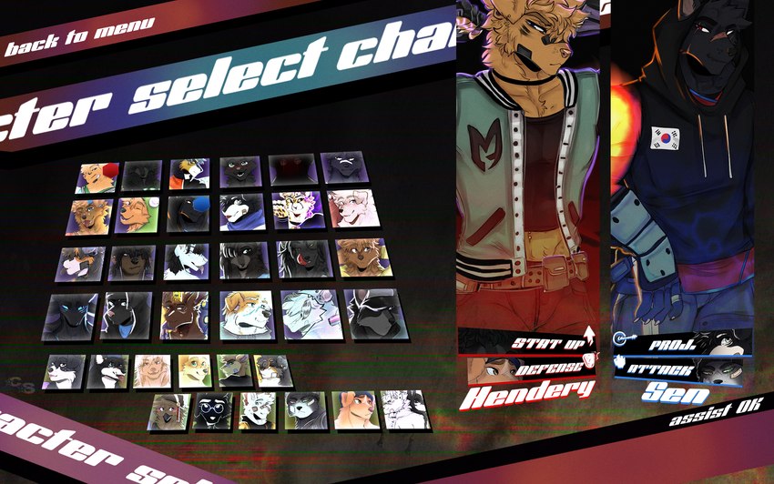 anthro character_select clothing female game_screen gameplay_mechanics group hoodie jacket keikogi letterman_jacket male martial_arts_uniform sickle south_korean_flag sportswear text topwear weapon y2k_(graphic_design) cerberussenn mythology aj_morales_(cerberussenn) aleksy_hodes_(cerberussenn) aro_selen_(cerberussenn) buddy_rizal_(cerberussenn) cai_fang_(cerberussenn) cameron_khain_(cerberussenn) carmen_fischer_(cerberussenn) dzasa_dechen_(cerberussenn) falchion_(cerberussenn) finneon_riaz_(cerberussenn) fox_chamalet_(cerberussenn) hanabi_haruno_(cerberussenn) hendery_sabine_(cerberussenn) hendrix_hoek_(cerberussenn) holland_mcintyre_(cerberussenn) humphrey_o'senna_(cerberussenn) joey_bazzler_(cerberussenn) kagura_mikayuchi_(cerberussenn) kaspar_ollson_(cerberussenn) king_sabine_(cerberussenn) luke_aree_(cerberussenn) miles_morte_(cerberussenn) mocha_hawkes_(cerberussenn) noah_writhemann_(cerberussenn) owen_aamara_(cerberusssenn) percy_writhemann_(cerberussenn) rancor_(cerberussenn) regan_park_(cerberussenn) rio_khann_(cerberussenn) sakuya_nishimura_(cerberussenn) sekani_koufie_(cerberussenn) sen_rhee_(cerberussenn) shasta_chirmann_(cerberussenn) sho_hayakuza_(cerberussenn) sully_rizal_(cerberussenn) takeda_takehita_(cerberussenn) yoo_su-jin_(cerberussenn) american_opossum australian_shepherd avian bird bird_dog border_collie bull_terrier canid canine canis cheetah cocker_spaniel collie demon domestic_cat domestic_dog dragon felid feline felis golden_retriever great_pyrenees herding_dog hunting_dog husky hybrid jack_russell_terrier kai_ken kangaroo kishu_inu labrador lagomorph leporid livestock_guardian_dog macropod mammal marsupial mastiff molosser mountain_dog mythological_creature mythological_scalie nordic_sled_dog pastoral_dog pit_bull procyonid rabbit raccoon retriever rottweiler scalie shadow_creature sheepdog spaniel spitz terrier tuxedo_cat virginia_opossum wolf english_text hi_res signature