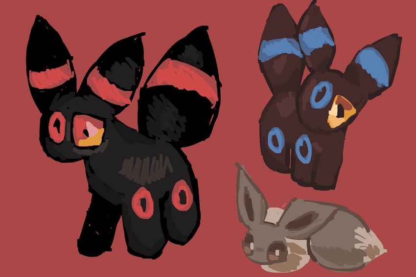 ambiguous_gender black_body brown_body brown_fur feral fur group red_background simple_background trio yakkotsuki nintendo pokemon eevee eeveelution generation_1_pokemon generation_2_pokemon pokemon_(species) shiny_pokemon umbreon 3:2 hi_res