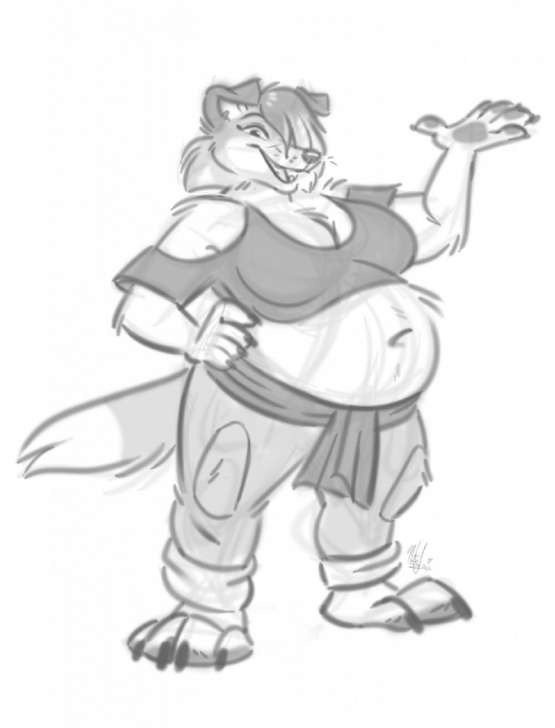 anthro belly big_belly big_breasts breasts claws clothed clothing feet female fur hair looking_at_viewer overweight overweight_anthro overweight_female paws pose smile solo topwear codymcdowd nicnak044 canid canine canis domestic_dog mammal digital_media_(artwork) hi_res monochrome