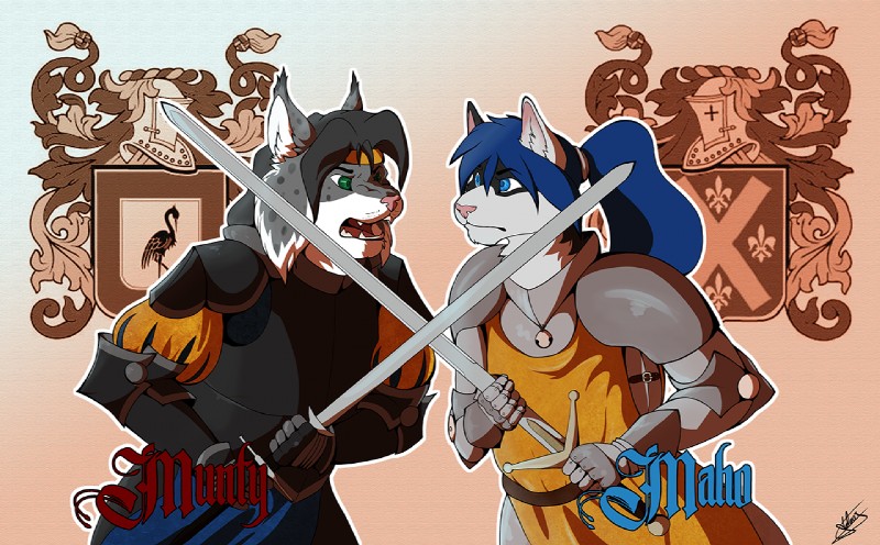 armor badge convention duo inside male melee_weapon spain sword weapon ookami-ki furrnion maho-gato munty domestic_cat felid feline felis lynx mammal