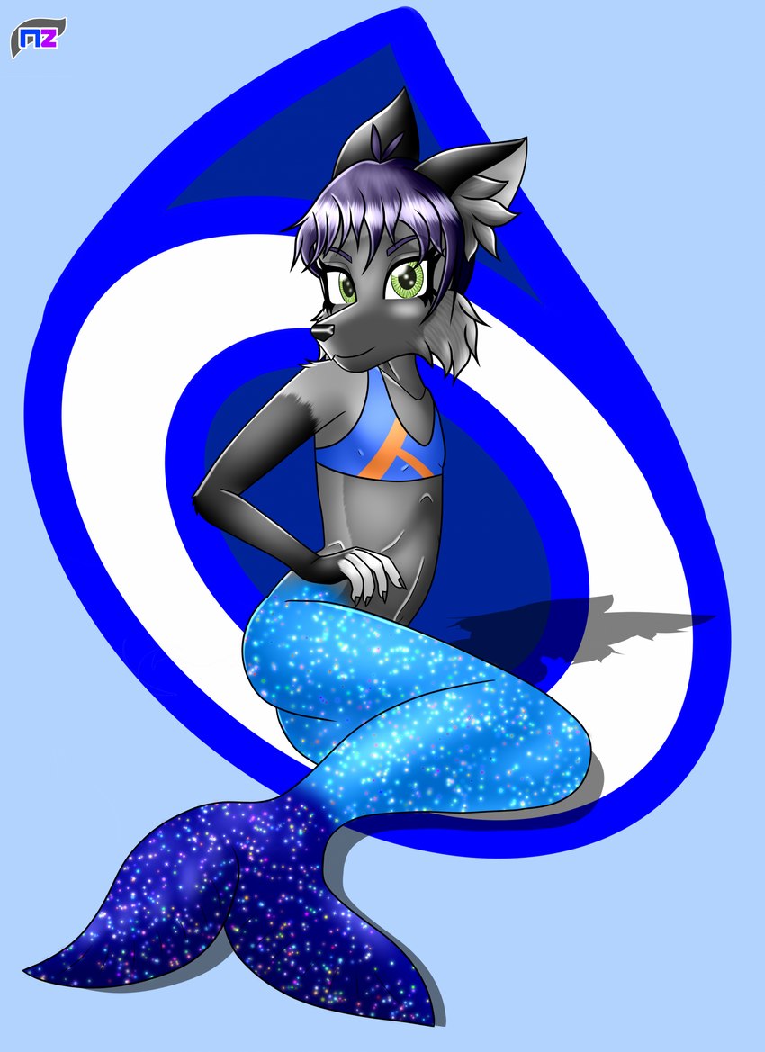 anthro bikini bikini_top black_hair butt clothed clothing female fin fingers fish_tail fur green_eyes grey_body grey_fur hair legless looking_at_viewer mermaid_tail navel short_hair simple_background smile solo swimwear tail tail_fin topwear two-piece_swimsuit young young_anthro young_female newzorra vienna_zorra canid canine fox mammal red_fox silver_fox true_fox digital_media_(artwork) hi_res