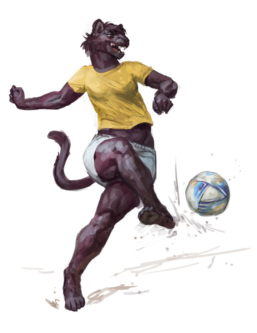 anthro ball barefoot black_body black_fur black_hair bottomwear clothed clothing feet female fur hair happy kick melanistic open_mouth playing playing_sport shirt shorts simple_background slim soccer soccer_ball solo sport topwear white_background cettus serafina_(cettus) felid mammal pantherine 2023 hi_res