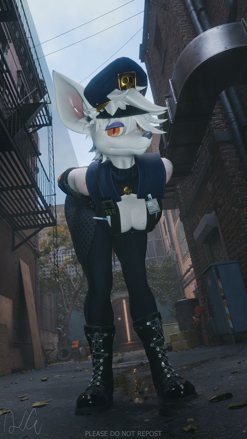 alley anthro bent_over clothed clothing female freckles fur looking_at_viewer neutral_expression solo white_body white_fur 2ire blender_cycles officer_flint_(foresttherotten) 3d_(artwork) 9:16 blender_(artwork) digital_media_(artwork) hi_res