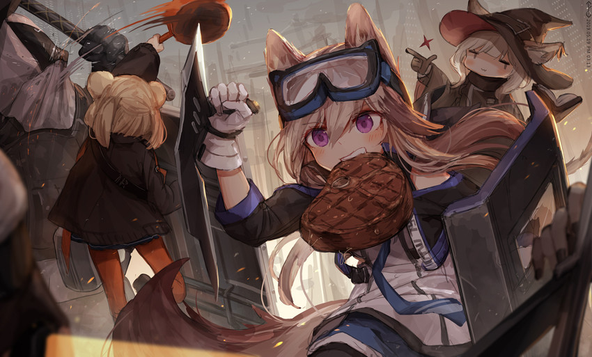 ambiguous_gender ballistic_shield beef blonde_hair blush clothing female food food_in_mouth group hair hat headgear headwear meat melee_weapon pan pink_eyes shield smile steak violence weapon witch_hat asicah arknights hypergryph studio_montagne cardigan_(arknights) gummy_(arknights) haze_(arknights) animal_humanoid bear canid canid_humanoid canine canine_humanoid cat_humanoid dog_humanoid felid felid_humanoid feline feline_humanoid humanoid mammal mammal_humanoid ursid_humanoid 2019