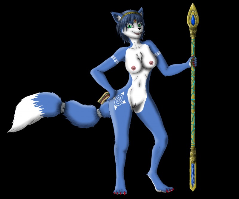 accessory anthro blue_body blue_fur blue_hair breasts chest_tuft clitoris digitigrade female fluffy fluffy_tail food fur fur_markings furgonomics genitals green_eyes hair hair_accessory hairband half-closed_eyes hand_on_hip jewelry krystal's_staff looking_at_viewer markings narrowed_eyes nipples nude pussy sandwich_(food) solo staff tail tail_accessory tailband tribal tribal_markings tuft white_body white_fur [in]vader nintendo star_fox krystal_(star_fox) canid canine fox mammal 2019 6:5 alpha_channel hi_res