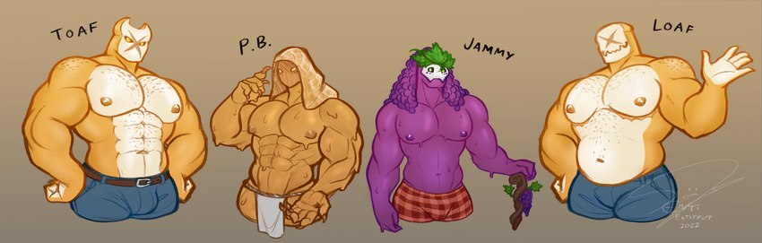 anthro anthrofied food group horn male muscular muscular_male entitropy jammy_(entitropy) loaf_(entitropy) pb_(entitropy) toaf_(entitropy) food_creature absurd_res hi_res andromorph_(lore) trans_(lore) trans_man_(lore)