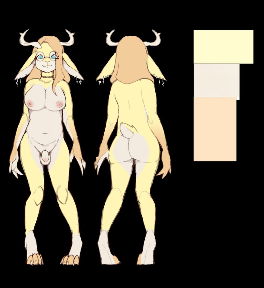 anthro antlers balls breasts ear_piercing fur genitals gynomorph hair horn intersex looking_at_viewer nipples nude penis piercing simple_background smile solo imaaahorny coraline_brown jackalope lagomorph mammal digital_media_(artwork) hi_res model_sheet trans_(lore) trans_woman_(lore)