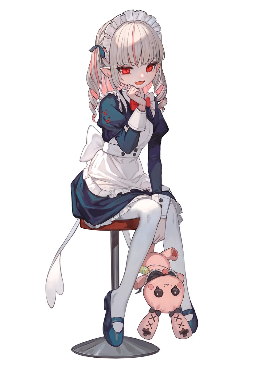 bar_stool black_ribbon blue_clothing blue_footwear blue_shoes cigarette clothing curled_hair female footwear furniture hair heart_symbol humanoid_pointy_ears loli maid_apron maid_headdress maid_uniform open_mouth plushie pointy_ears red_eyes red_ribbon shoes simple_background sitting smug solo stool uniform white_background white_eyes white_ribbon young lalalalack nijisanji vtuber makaino_ririmu humanoid 2023 digital_media_(artwork) hi_res