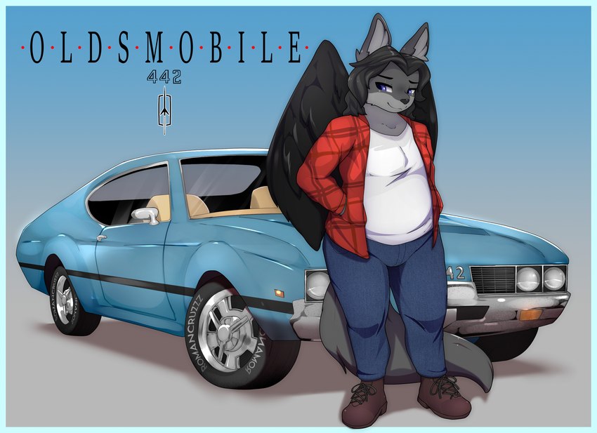 anthro belly black_hair black_wings blue_bottomwear blue_car blue_clothing blue_eyes blue_jeans blue_pants boots bottomwear brown_boots brown_clothing brown_footwear car classic_car clothing denim denim_bottomwear denim_clothing flannel flannel_jacket flannel_shirt fluffy fluffy_tail footwear fur grey_body grey_fur grey_tail hair hand_in_pocket hands_in_both_pockets happy jeans long_hair male muscle_car pants pockets shirt shoes simple_background slightly_chubby slightly_chubby_male smile solo t-shirt tail topwear vehicle white_clothing white_shirt white_t-shirt white_topwear wings romancruzzz oldsmobile ash_clinker canid canine canis mammal wolf hi_res shaded simple_shading