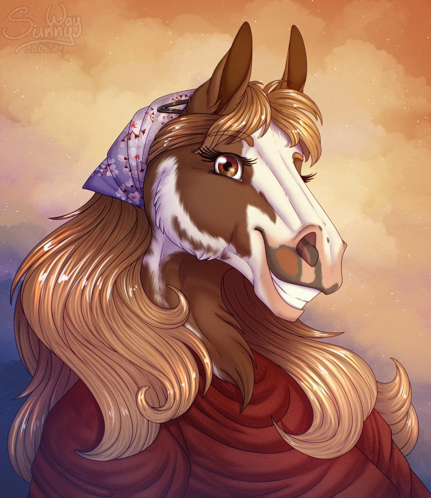 anthro badge breasts clothing cloud evening female female_anthro fur smile solo warm sunny_way equid equine horse mammal digital_media_(artwork) hi_res icon portrait