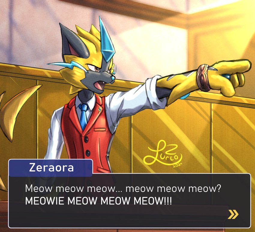 ambiguous_gender anthro bracelet brown_eyes dialogue_box fangs fur gesture hand_gesture jewelry necktie open_mouth pawpads pointing solo tail teeth tongue whiskers yellow_body yellow_fur lurio ace_attorney capcom nintendo pokemon apollo_justice felid feline generation_7_pokemon legendary_pokemon mammal pokemon_(species) zeraora 2024 absurd_res dated hi_res signature