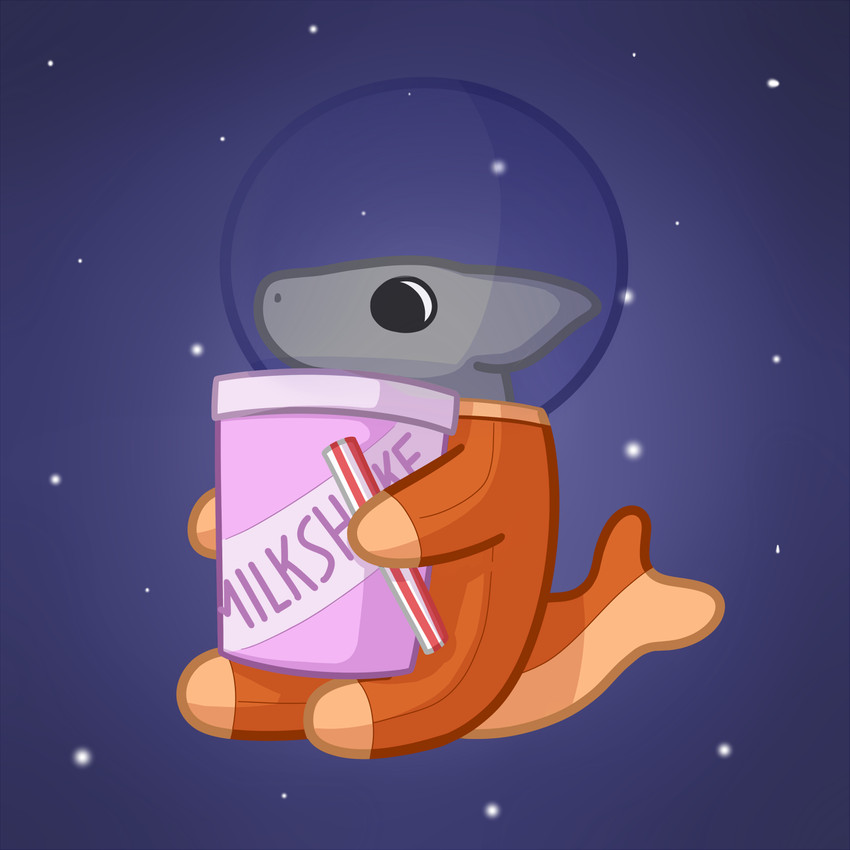 anthro beverage big_eyes chibi clothed clothing grey_body grey_scales male milkshake scales simple_background solo spacesuit star orbitalis orb_(orbitalis) fish marine shark 1:1 hi_res