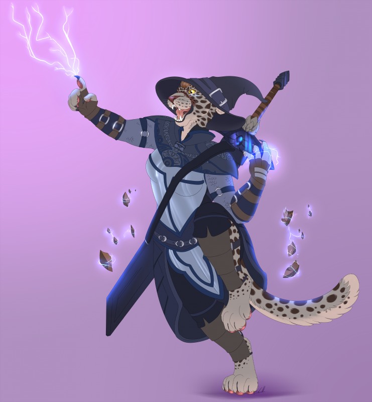 4_toes anthro armor boob_armor bracers breastplate brown_body brown_fur claws clothed clothing electricity feet female fur gem greaves grey_body grey_fur hat headgear headwear large_weapon lightning magic magic_user markings melee_weapon pawpads pink_pawpads platemail purple_background robe simple_background solo spots spotted_body spotted_fur sword toes tongue weapon white_body white_fur wizard_hat kindreddemon bethesda_game_studios microsoft skyrim the_elder_scrolls the_elder_scrolls_online felid khajiit mammal pantherine snow_leopard absurd_res hi_res