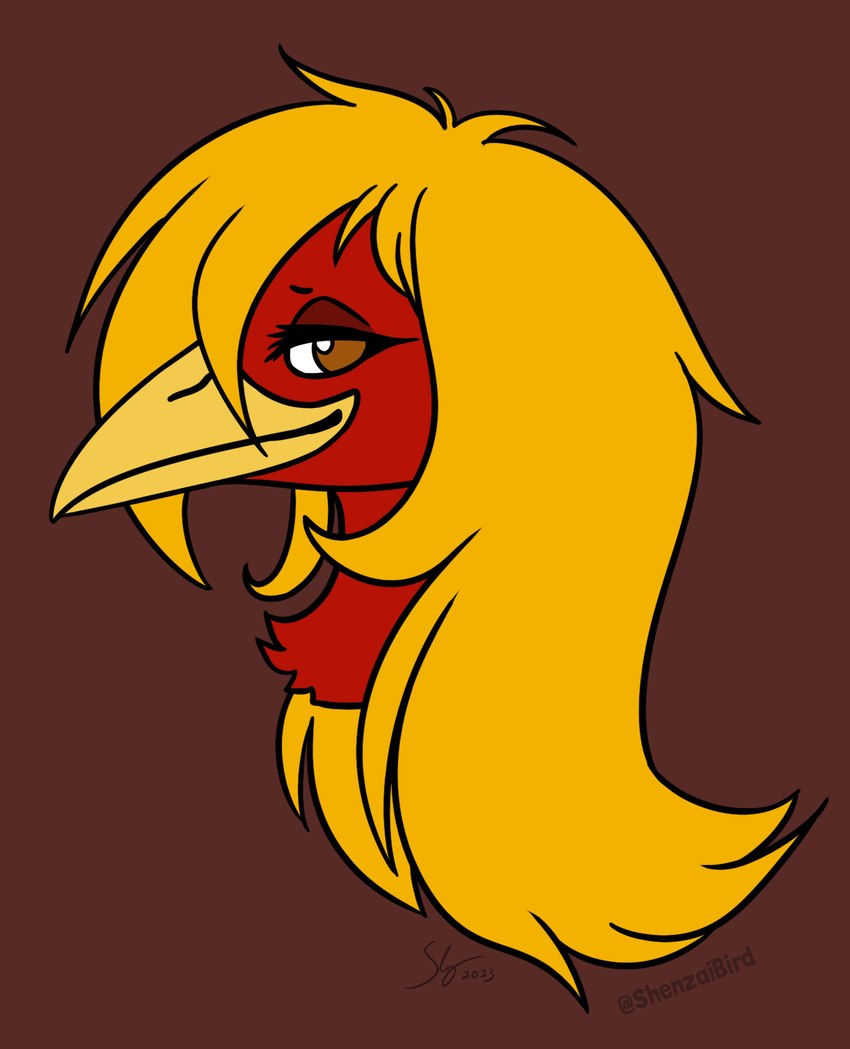 ambiguous_gender anthro beak eyelashes feathers hair long_hair red_body red_feathers yellow_beak yellow_body yellow_feathers shenzaibird glori_gamebird avian bird chrysolophus galliform golden_pheasant phasianid headshot_portrait hi_res portrait