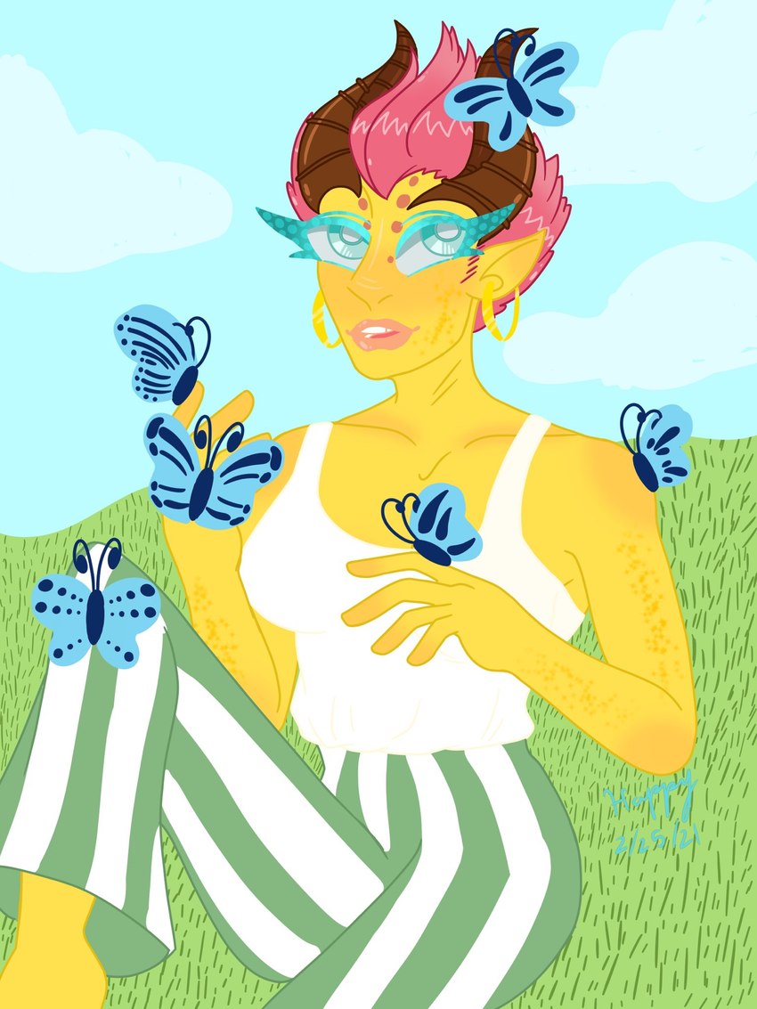 blue_eyes breasts clothing female feral gold_skin grass hair horn pink_hair plant solo respectlawplz mattel monster_high ceryneian_hind gilda_goldstag arthropod butterfly deer humanoid insect lepidopteran mammal hi_res