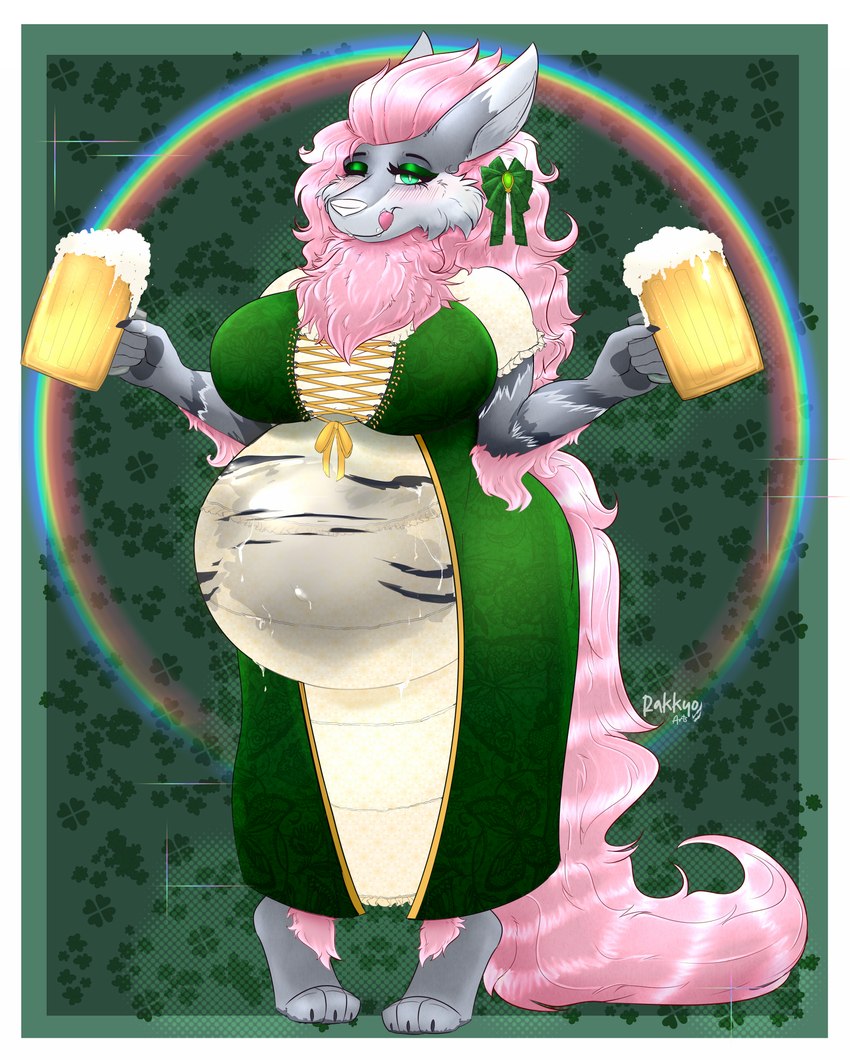 alcohol anthro beer belly beverage big_belly big_breasts biped breasts clothed clothing dress female fluffy fluffy_tail green_clothing green_dress green_eyyes hair holidays licking_mouth neck_tuft one_eye_closed paws pregnant pregnant_anthro pregnant_female rainbow simple_background solo tail tuft wet rakkyoarts nintendo pokemon ribbon_(bowhuskers) arcanine generation_1_pokemon pokemon_(species) 4:5 hi_res