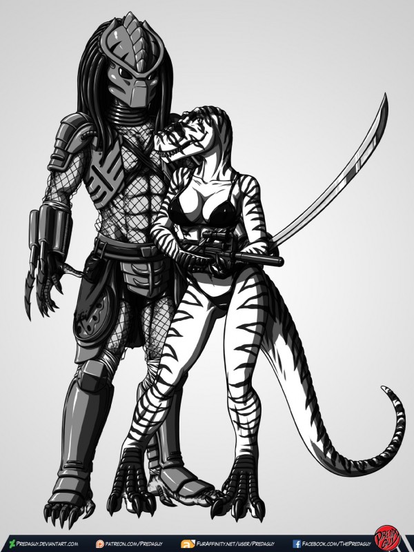 anthro armor bra breasts claw_(weapon) clawed_vambrace claws clothing cuisse curved_sword duo female fishnet_clothing greaves melee_weapon non-mammal_breasts sabatons stripes sword text underwear vambrace weapon predaguy anthrosaurs predator_(franchise) amora_the_t-rex kashyll_(predaguy) dinosaur prehistoric_species reptile scalie theropod yautja digital_media_(artwork) hi_res url