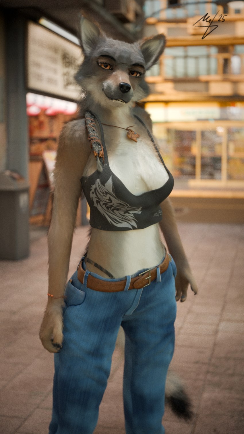 anthro belt big_breasts blurred_background bottomwear braided_hair breasts brown_body brown_eyes brown_fur city cityscape cleavage clothed clothed_anthro clothed_female clothing countershade_torso countershading date denim denim_bottomwear denim_clothing female female_anthro fur hair jeans jewelry looking_at_viewer necklace pants photorealism pose shirt sky solo standing tank_top thong three-quarter_view topwear underwear reaching_art naala canid canine canis mammal wolf 2025 dated hi_res photo_manipulation photomorph pinup portrait shaded signature soft_shading three-quarter_portrait